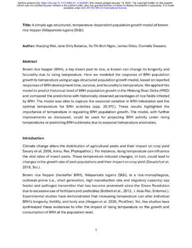 A simple age-structured, temperature-dependent population growth model of brown rice hopper (Nilaparvata lugens (Stal))