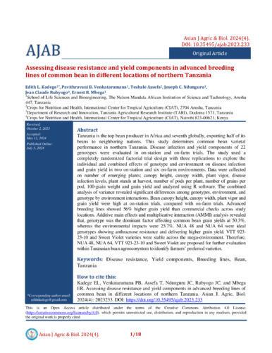 Assessing disease resistance and yield components in advanced breeding lines of common bean in different locations of northern Tanzania