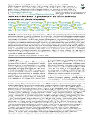 Dichotomy or continuum? A global review of the interaction between autonomous and planned adaptations