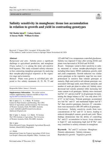 Salinity sensitivity in mungbean: Tissue ion accumulation in relation to growth and yield in contrasting genotypes