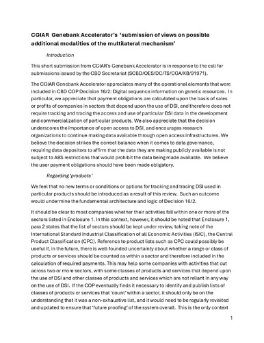 CGIAR Genebank Accelerator’s ‘submission of views on possible additional modalities of the multilateral mechanism’