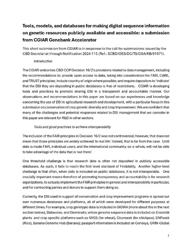 Tools, models, and databases for making digital sequence information on genetic resources publicly available and accessible: A submission from CGIAR Genebank Accelerator