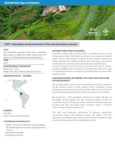 250 Colombian cassava farmers and a processor gain access to digital dry-matter measurement for quality control and pricing criteria transparency