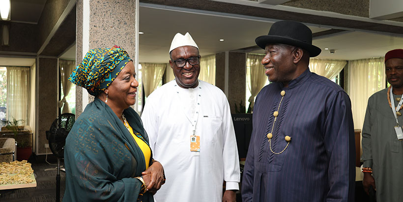 Director General of the United Nations at Nairobi, Zainab Hawa Bangura with H.E. Dr Goodluck Ebele Jonathan, Former President of Nigeria and IITA Director General and CGIAR Regional Director for Africa, Dr Simeon Ehui in Nairobi, Kenya.