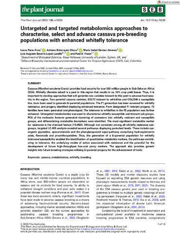Untargeted and targeted metabolomics approaches to characterise, select and advance cassava pre‐breeding populations with enhanced whitefly tolerance