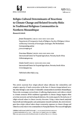 Religio-cultural determinants of reactions to climate change and related security risks in traditional religious communities in Northern Mozambique