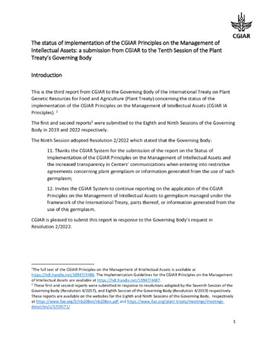 The status of implementation of the CGIAR Principles on the Management of Intellectual Assets: A submission from CGIAR to the Tenth Session of the Plant Treaty’s Governing Body