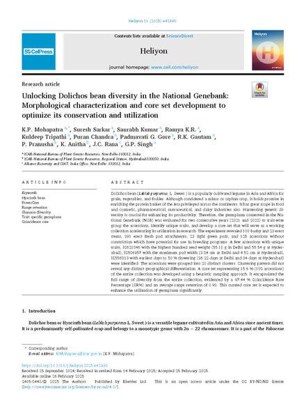 Unlocking Dolichos bean diversity in the National Genebank: Morphological characterization and core set development to optimize its conservation and utilization