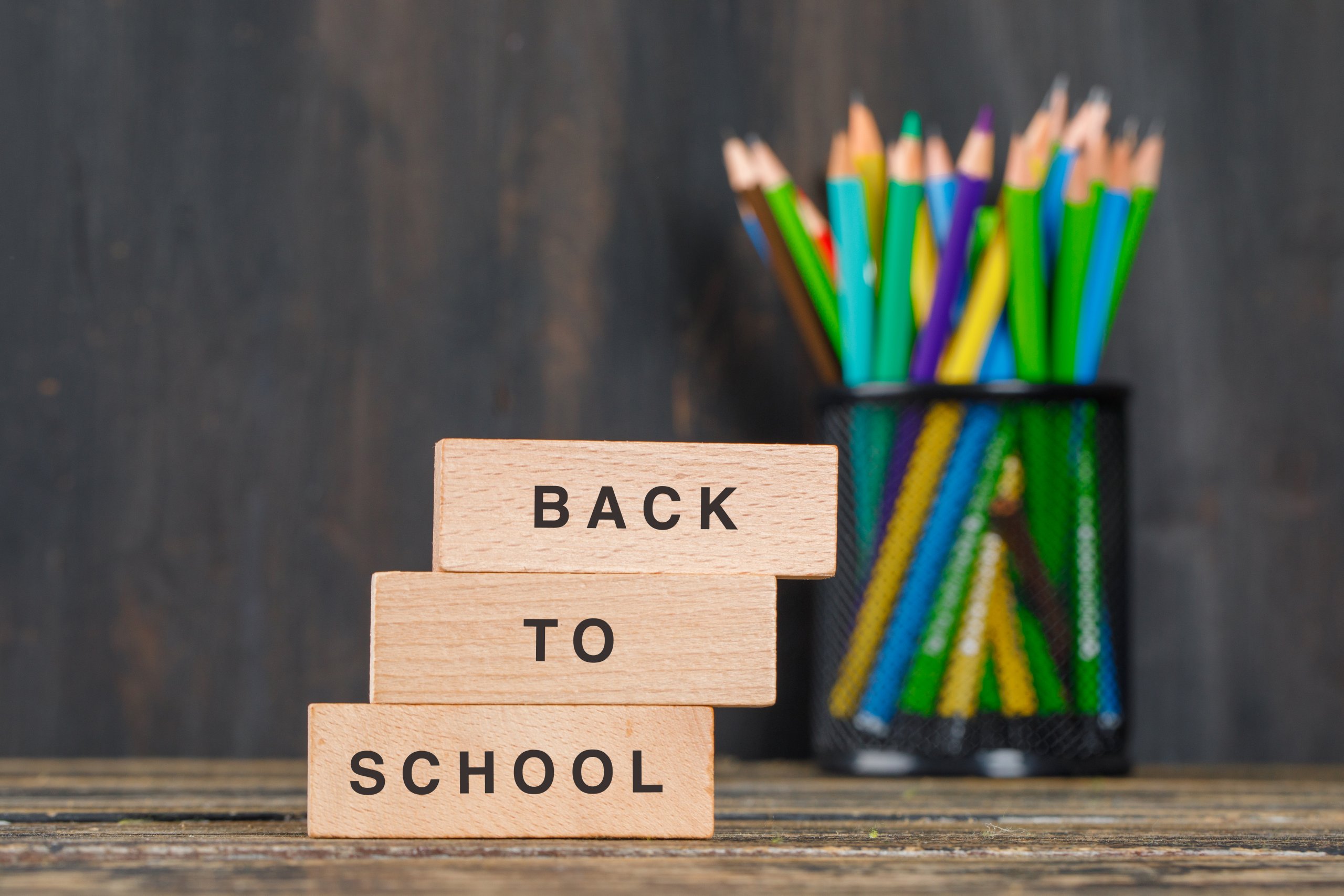 Back to school concept with wooden blocks, pencils in holder on wooden background side view.