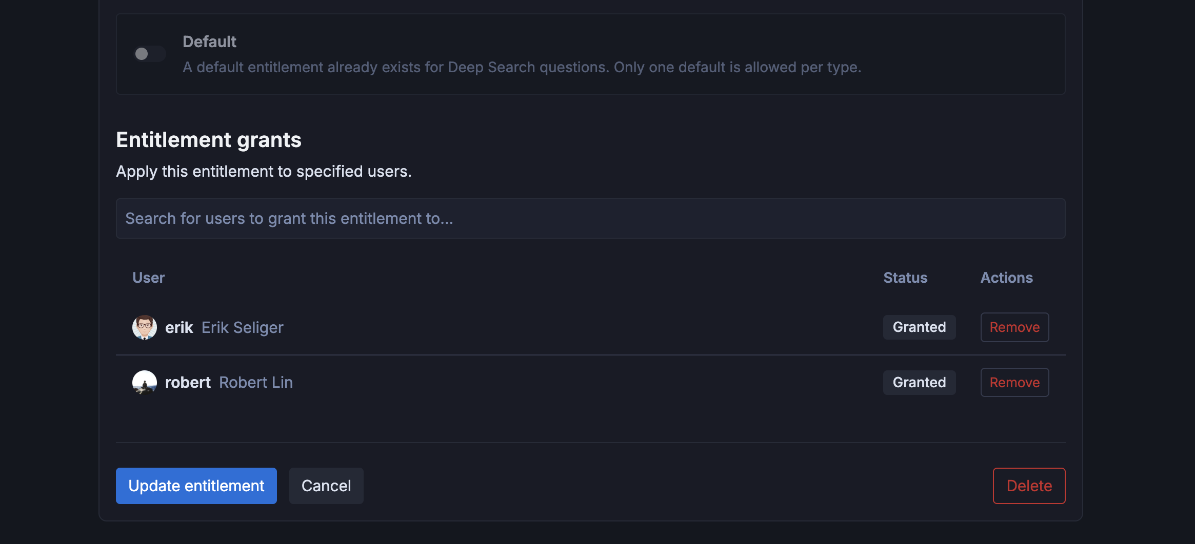 Granting entitlements to specific users
