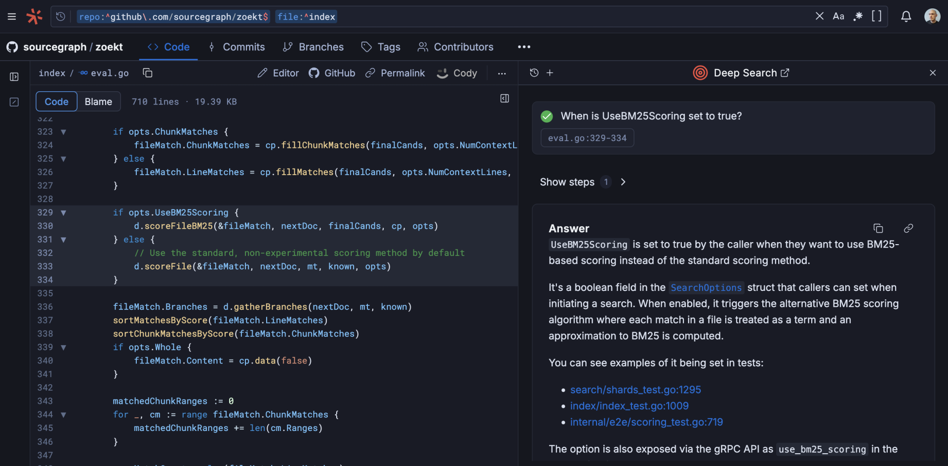 Blob view with the opened Deep Search sidebar.