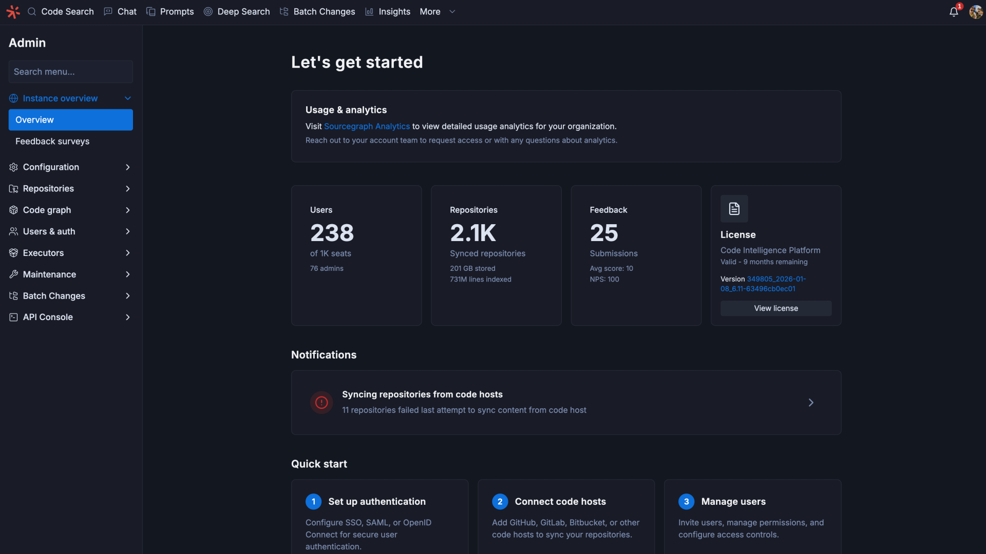 The new site administration overview page