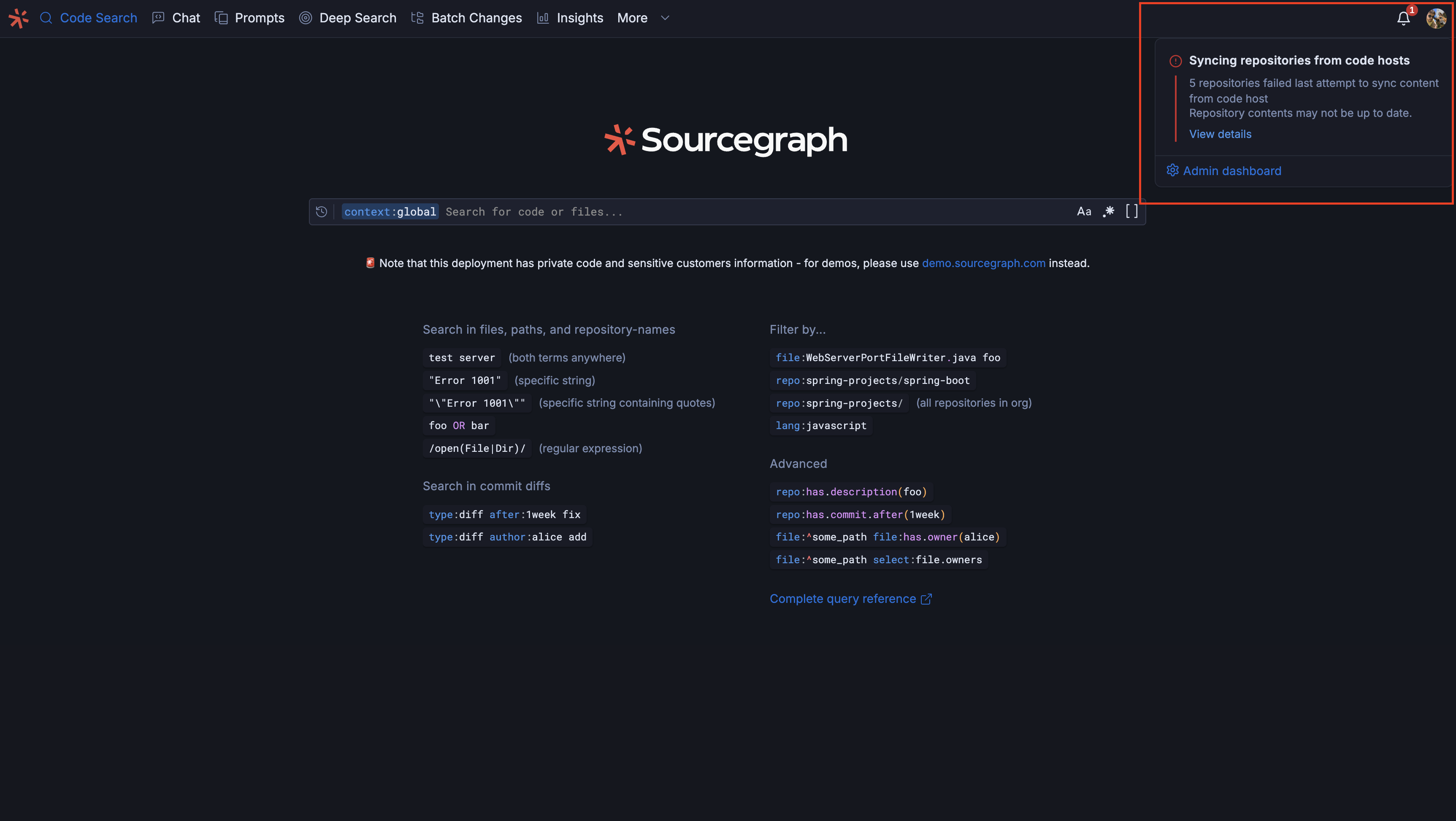 The notification widget informs administrators of any issues with their instance.