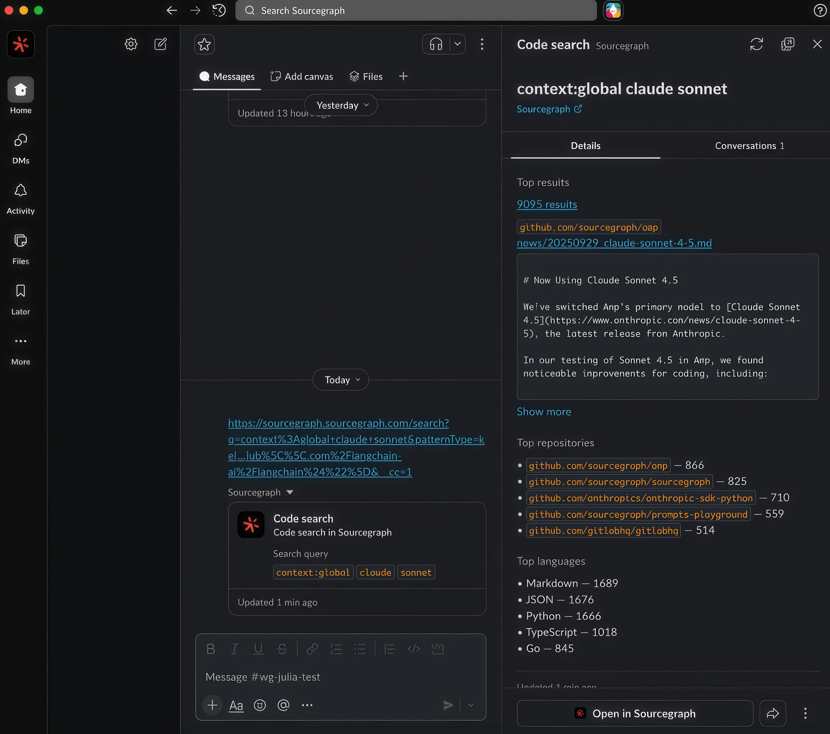 Rich link preview for Sourcegraph code search in Slack