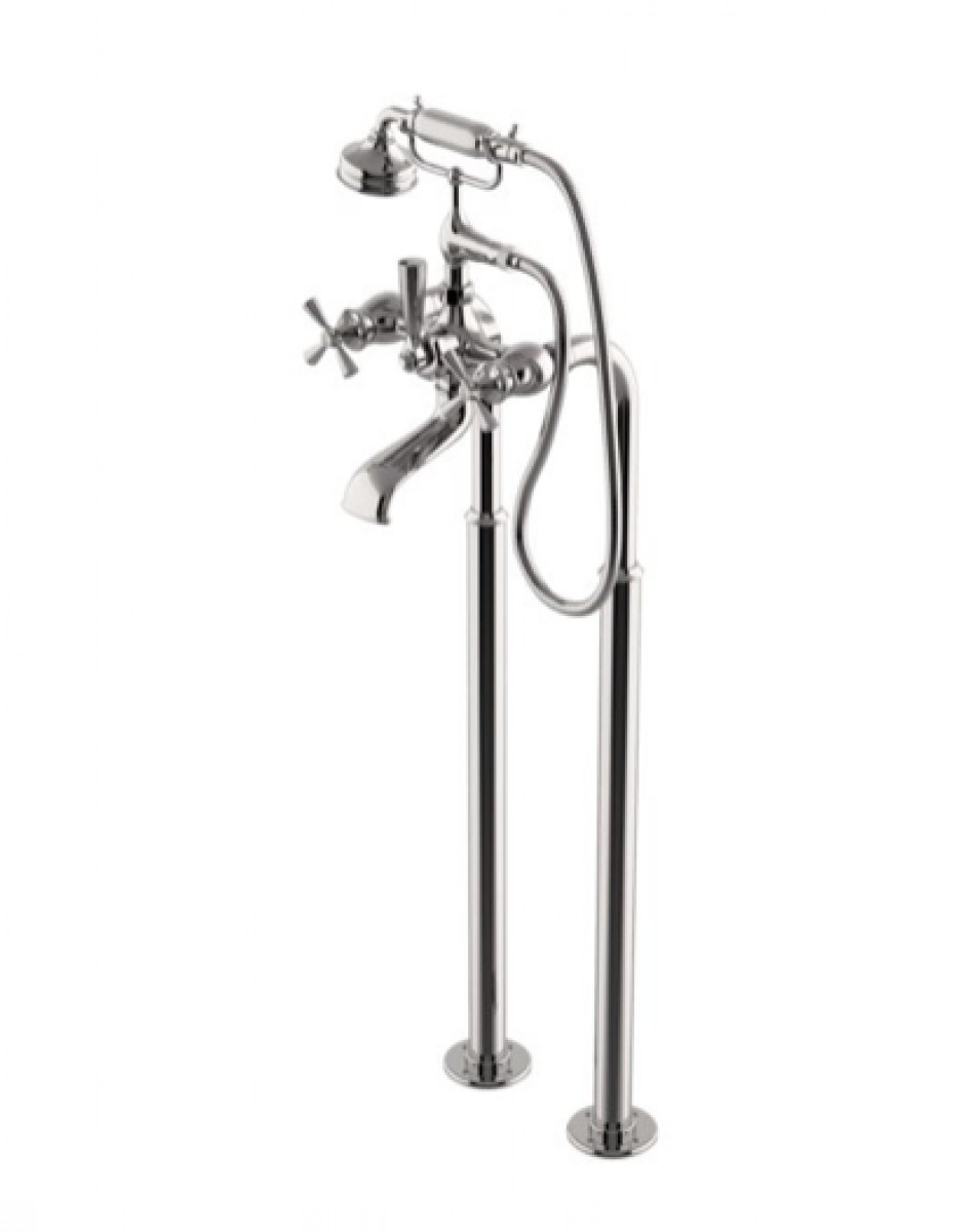 Foro Floor Mounted Exposed Tub Filler with Metal Handshower and Cross Handles