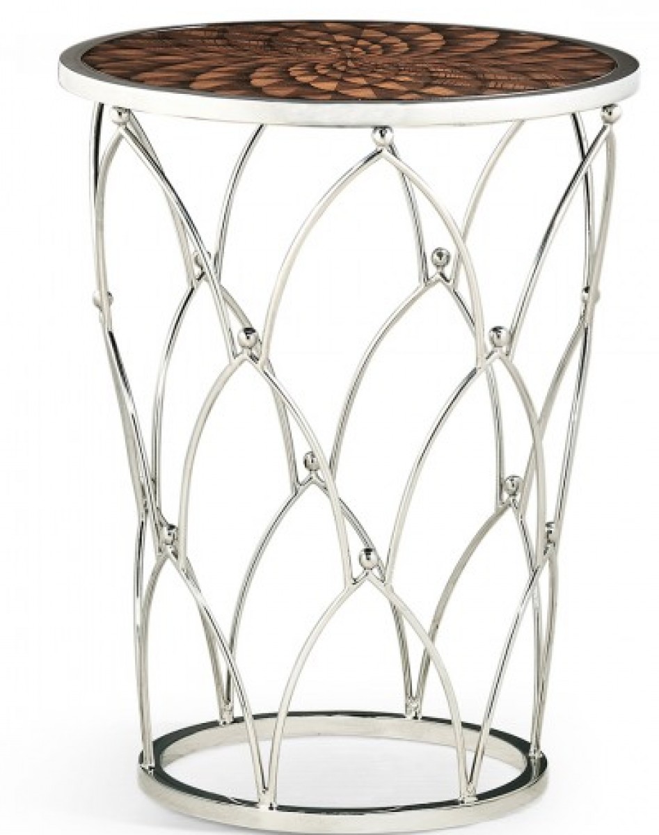 Feather Inlay & Stainless Steel Round Side Table