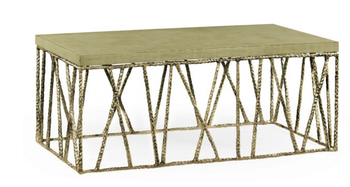 Hammered Light Brown Brass Coffee Table with Celadon Top