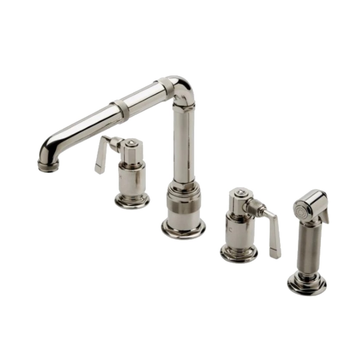 R.W. Atlas Three Hole High Profile Kitchen Faucet with Metal Side Mount Lever Handles and Spray | Highlight image