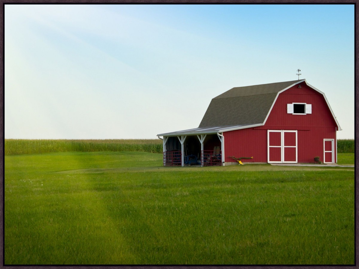 Red ฺBarn and Green Field Sunrise