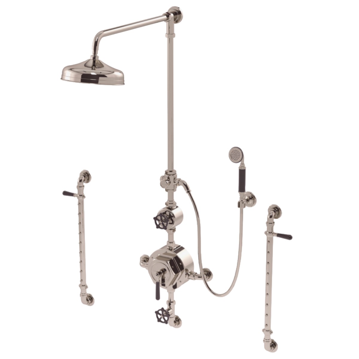 Regulator Exposed Thermostatic Shower System with 10" Shower Rose, Handshower on Hook and Body Spray Bars, Black Lever and Wheel Handles