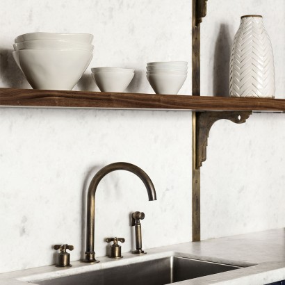 Henry Three Hole Gooseneck Kitchen Faucet, Metal Cross Handles and Spray | Highlight image 2