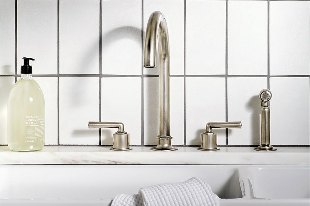 Henry Three Hole Gooseneck Kitchen Faucet, Metal Lever Handles and Spray | Highlight image 3