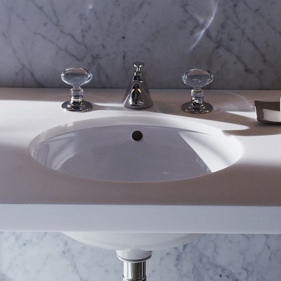 Opus Low Profile Three Hole Deck Mounted Lavatory Faucet with Crystal Egg Handles | Highlight image 2