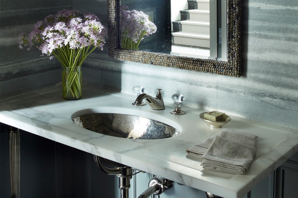 Opus Low Profile Three Hole Deck Mounted Lavatory Faucet with Crystal Egg Handles | Highlight image 1