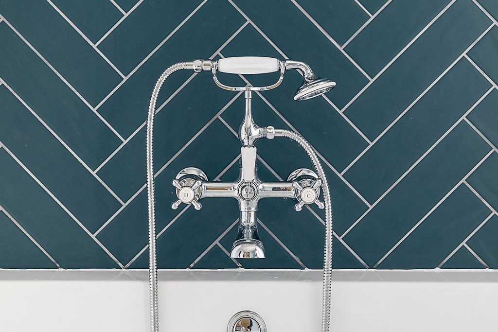 Highgate Wall Mounted Exposed Tub Filler with Handshower and Metal Cross Handles | Highlight image 1