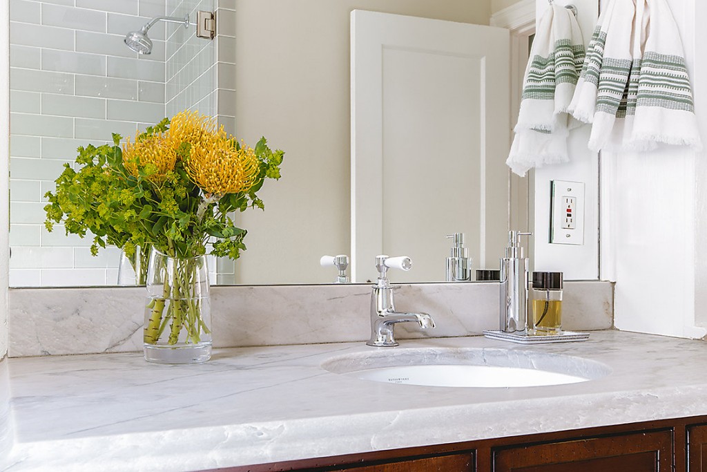 Highgate Low Profile One Hole Deck Mounted Lavatory Faucet with White Porcelain Lever Handles | Highlight image 1