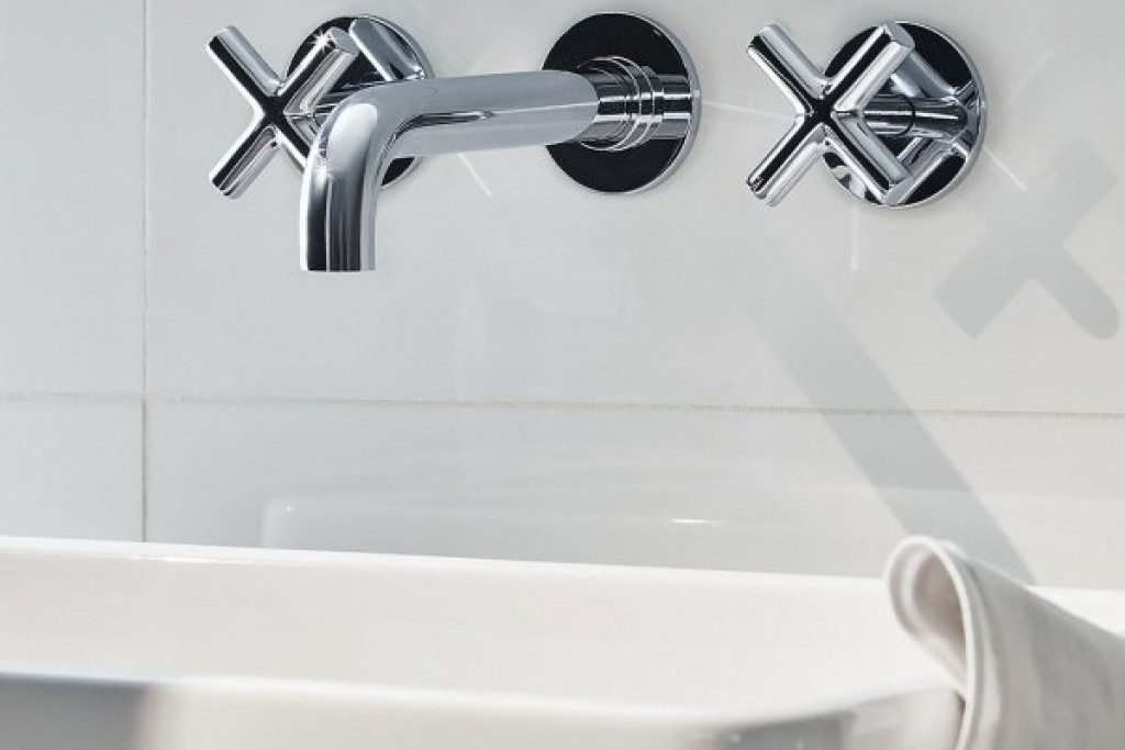 Flyte Low Profile Three Hole Wall Mounted Lavatory Faucet with Metal Cross Handles and Valve | Highlight image 1