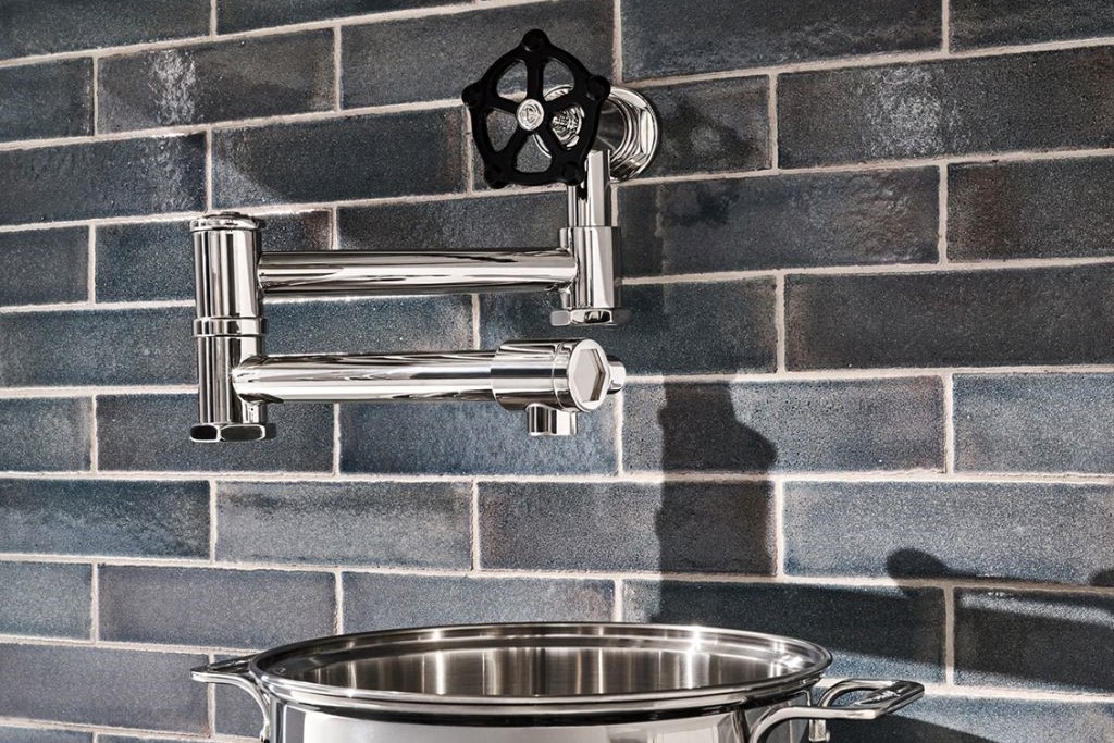 Regulator Wall Mounted Articulated Pot Filler, Black Wheel and Lever Handles | Highlight image 1