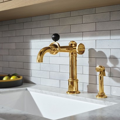 On Tap One Hole High Profile Kitchen Faucet with Metal Wheel, Ball Handle and Spray | Highlight image 2