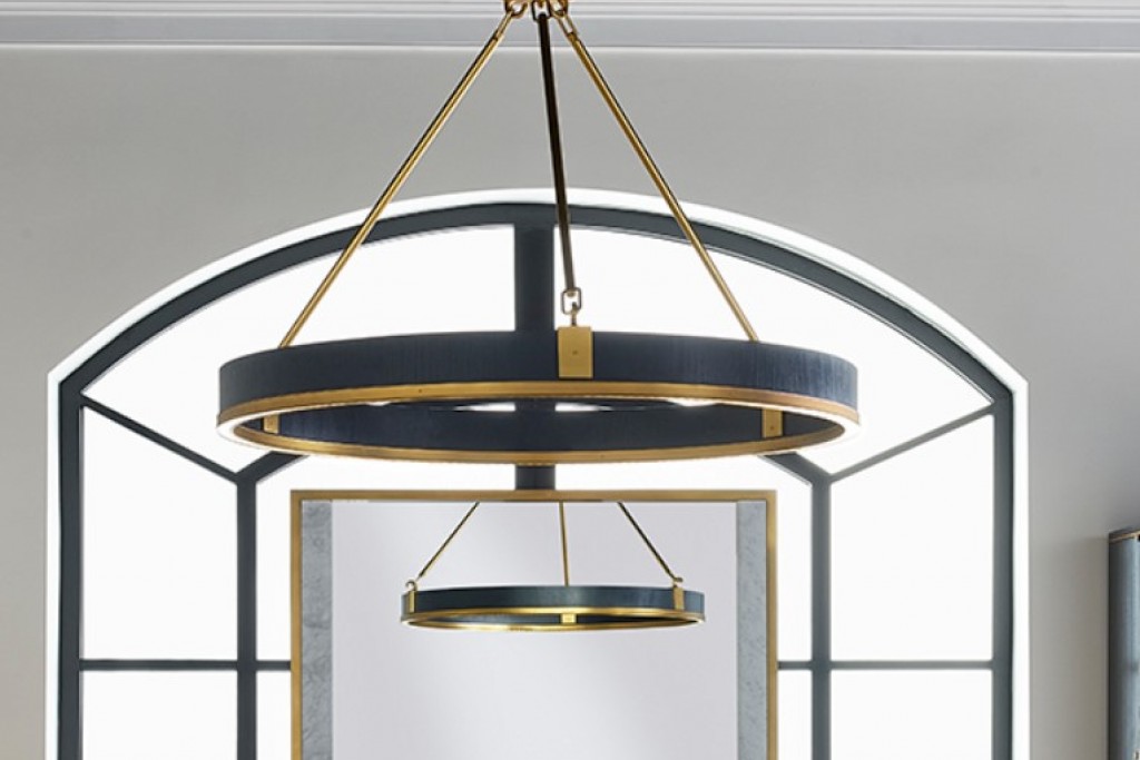 Round Contemporary Ebonised Oak & Brass Chandelier | Highlight image 1