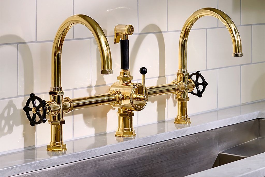 Regulator Gooseneck Double Spout Marquee Kitchen Faucet, Black Wheel Handles and Spray | Highlight image 1