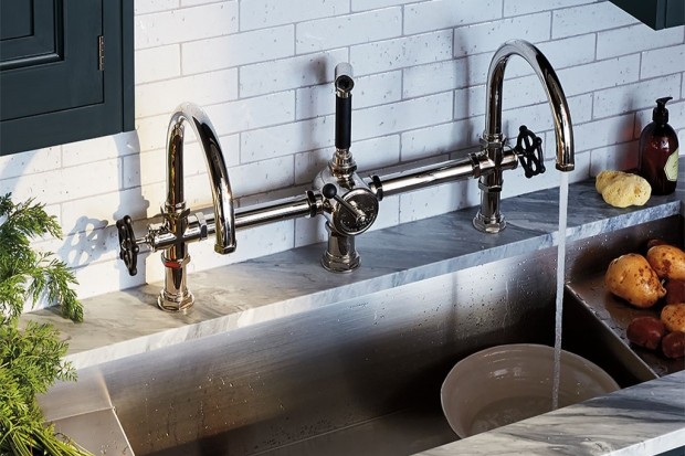 Regulator Gooseneck Double Spout Marquee Kitchen Faucet, Black Wheel Handles and Spray | Highlight image 3