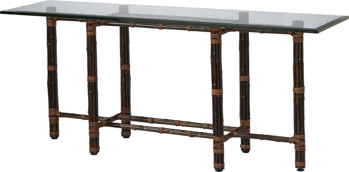 Console Table with Six Legs in Black Bamboo with Rectangular Clear Glass Top