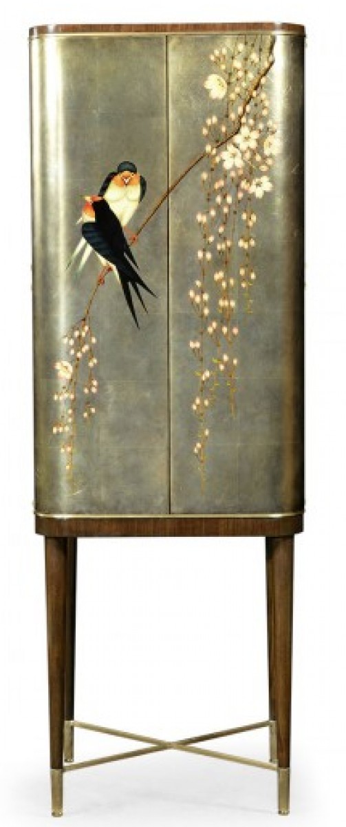 Handpainted Birds on Rich Walnut & Light Gold Foil Drinks Cabinet