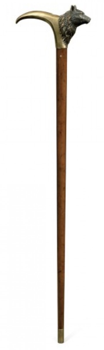 Mahogany Walking Stick with Brass Wolf Topper