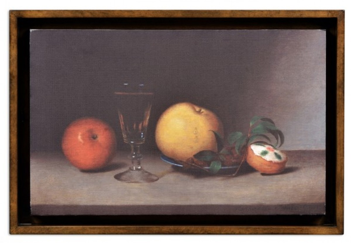 Still Life with Apples, Sherry, and Tea Cakes Painting on a Honey Walnut Frame