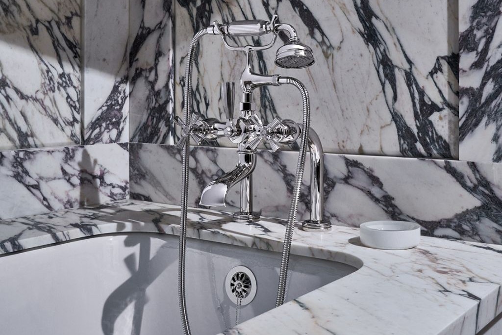 Foro Wall Mounted Exposed Tub Filler with Metal Handshower and Cross Handles | Highlight image 1