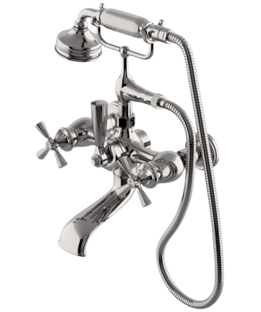 Foro Wall Mounted Exposed Tub Filler with Metal Handshower and Cross Handles