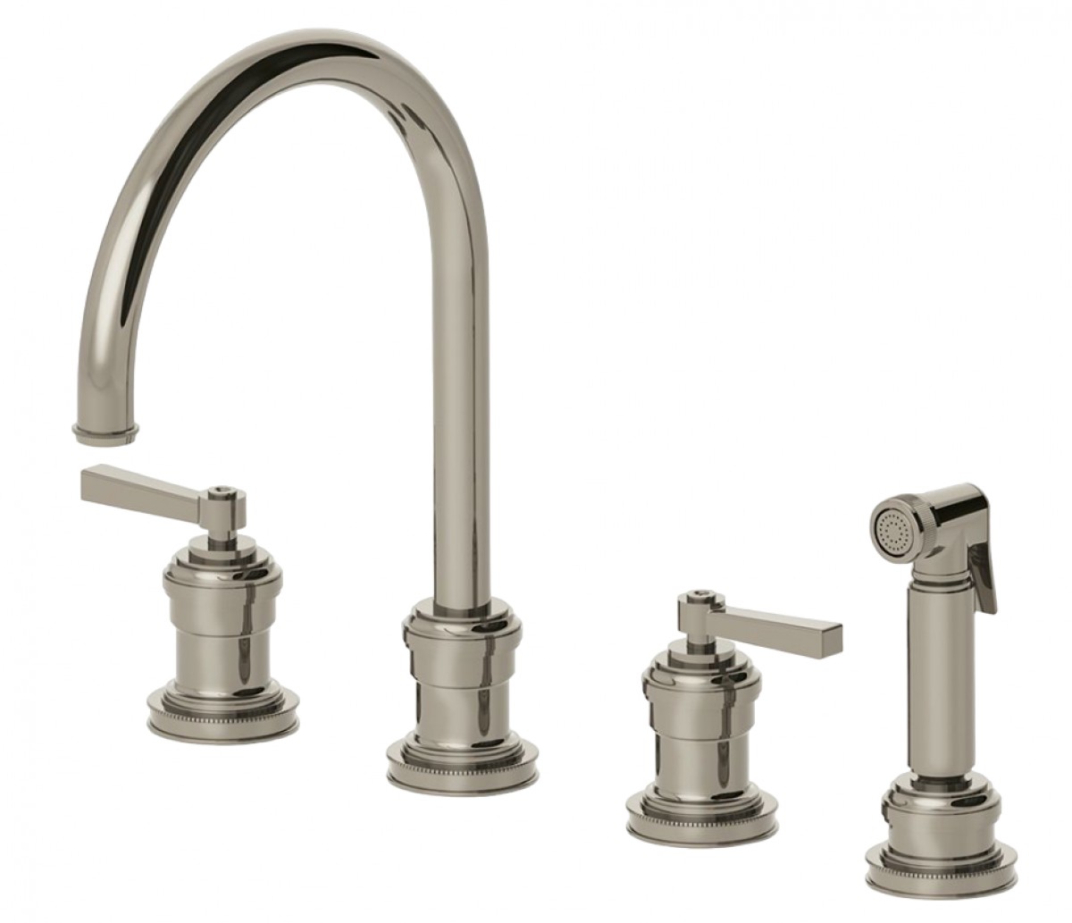 Aero Three Hole Gooseneck Kitchen Faucet with Elevated Metal Lever Handles and Spray