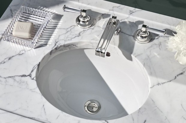 Boulevard Low Profile Three Hole Deck Mounted Lavatory Faucet with Crystal Lever Handles | Highlight image 3