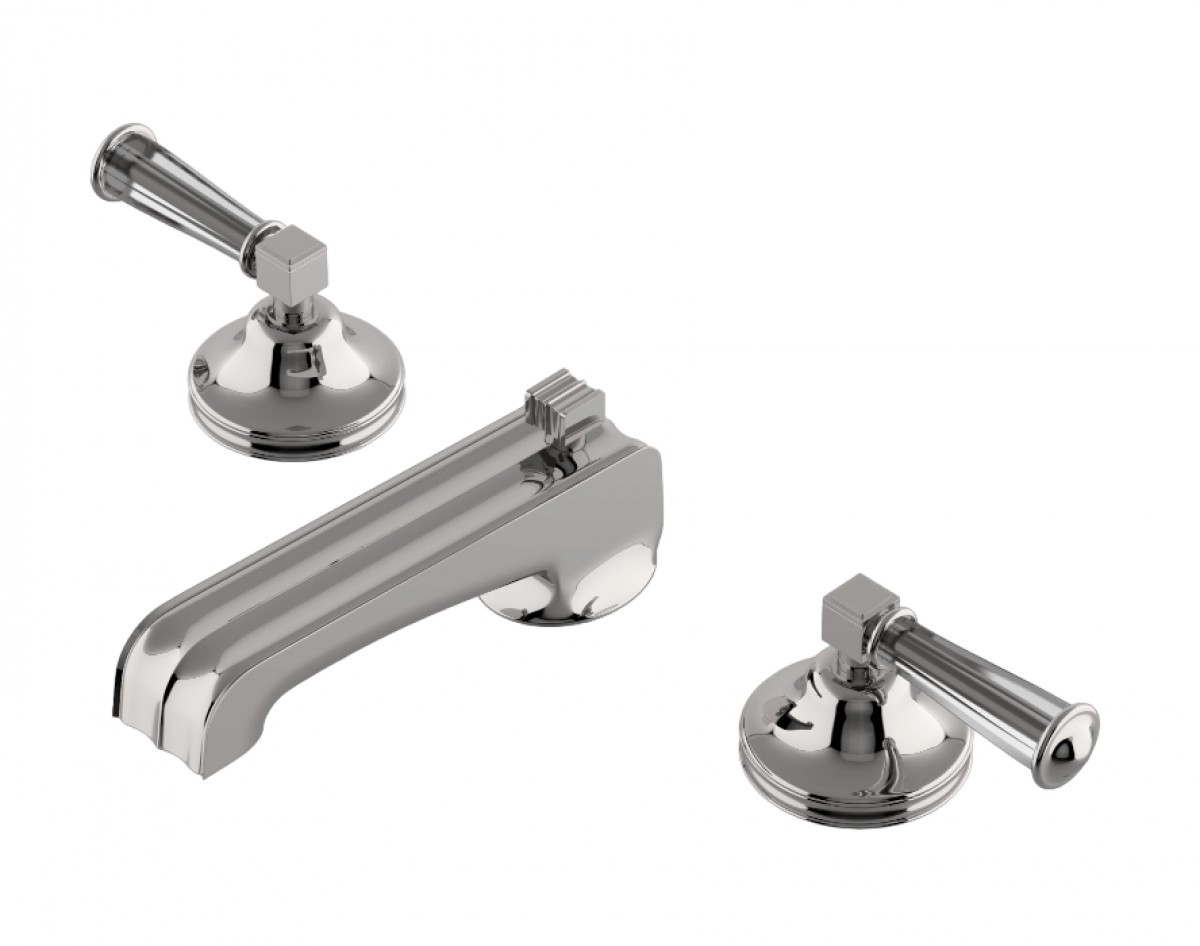 Boulevard Low Profile Three Hole Deck Mounted Lavatory Faucet with Crystal Lever Handles