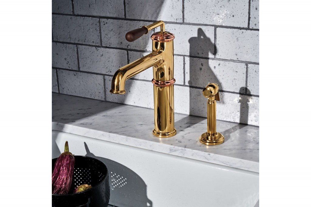 Canteen One Hole High Profile Kitchen Faucet with Oak Lever Handle and Spray | Highlight image 1