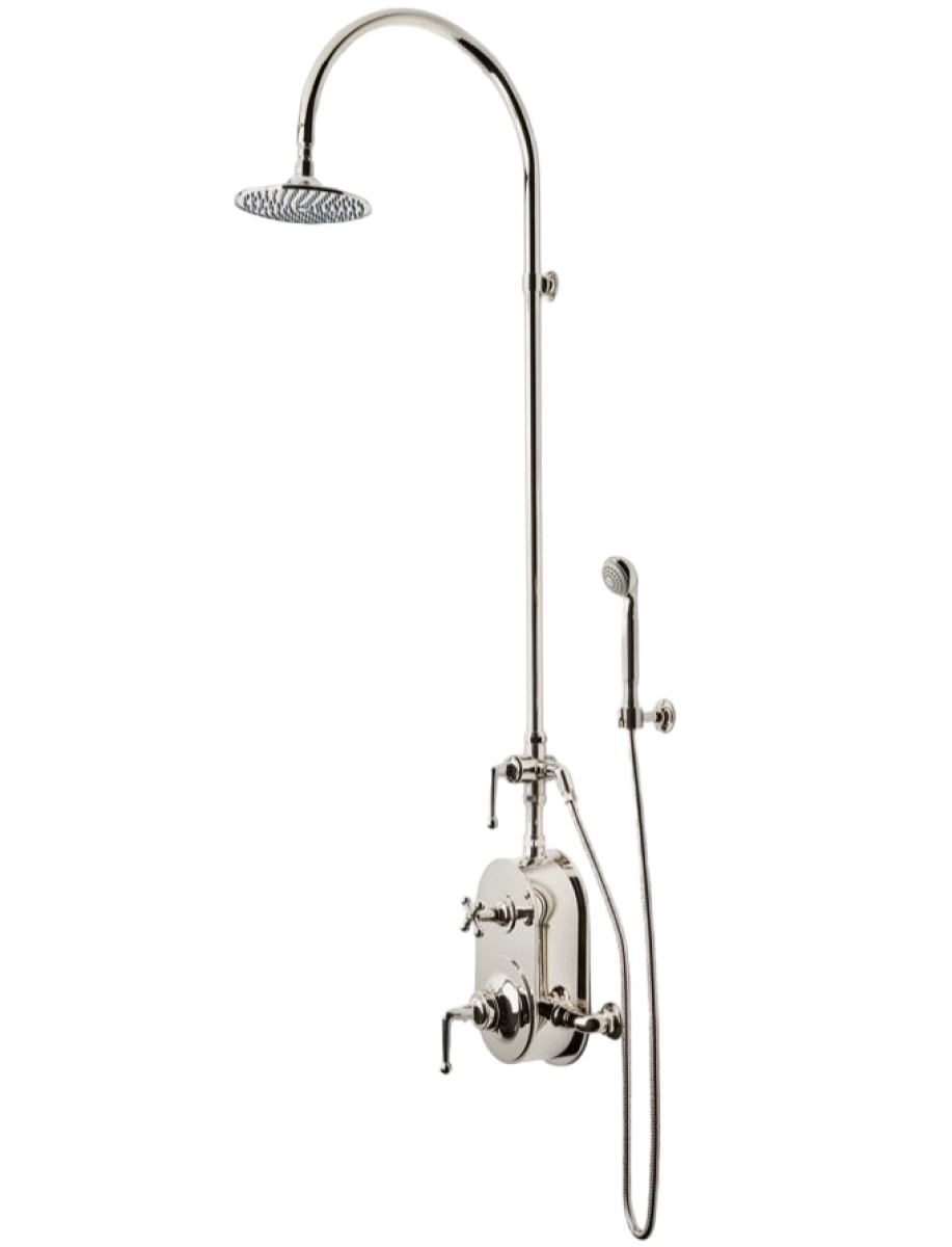 Dash Exposed Thermostatic Shower System with 8" Shower Head, Handshower, Metal Lever Diverter Handle, Metal Lever and Cross Handle