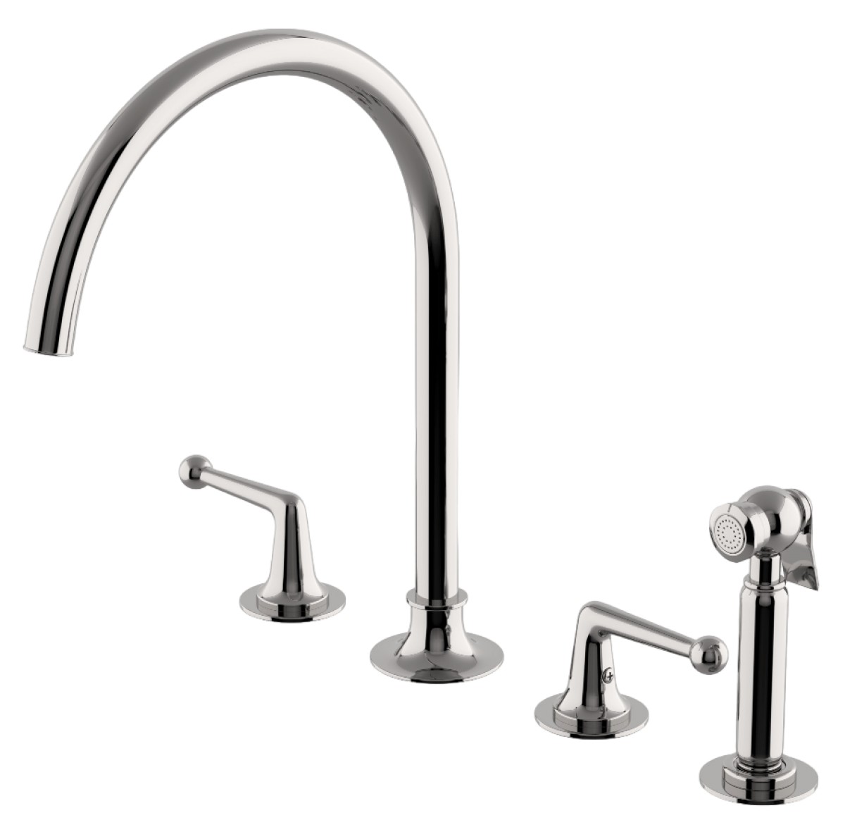 Dash Three Hole Gooseneck Kitchen Faucet with Metal Lever Handles and Spray