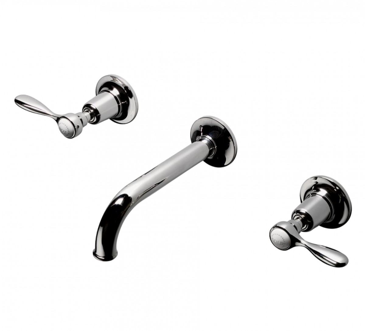 Easton Classic Low Profile Three Hole Wall Mounted Lavatory Faucet with Elongated Spout and Metal Lever Handles