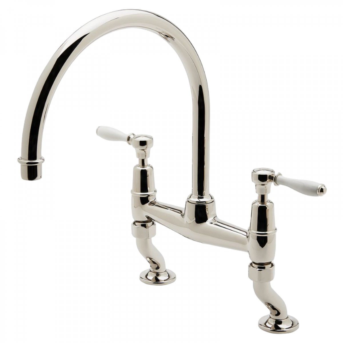 Easton Classic Two Hole Bridge Gooseneck Kitchen Faucet, White Porcelain Lever Handles